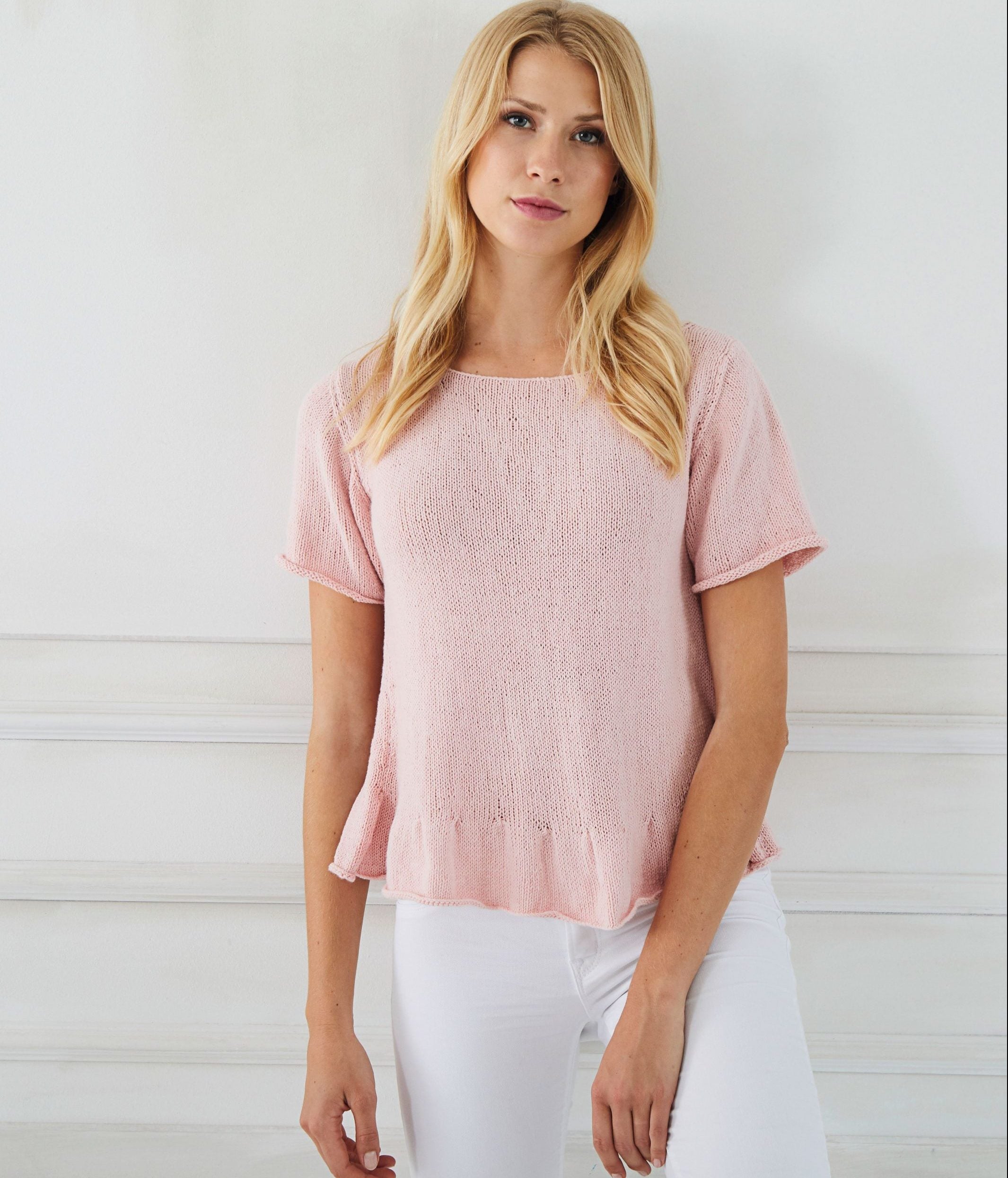 Röyhelöhelmainen pusero, lyhyt hiha - Peach Cotton